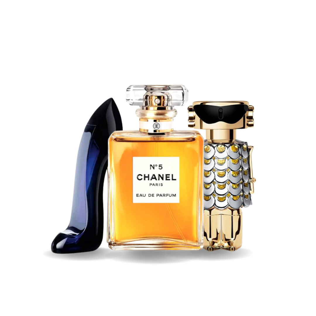 Combo de 3 Perfumes: Carolina Herrera GOOD GIRL, Chanel Nº5 y Paco Rabanne FAME - 100ml